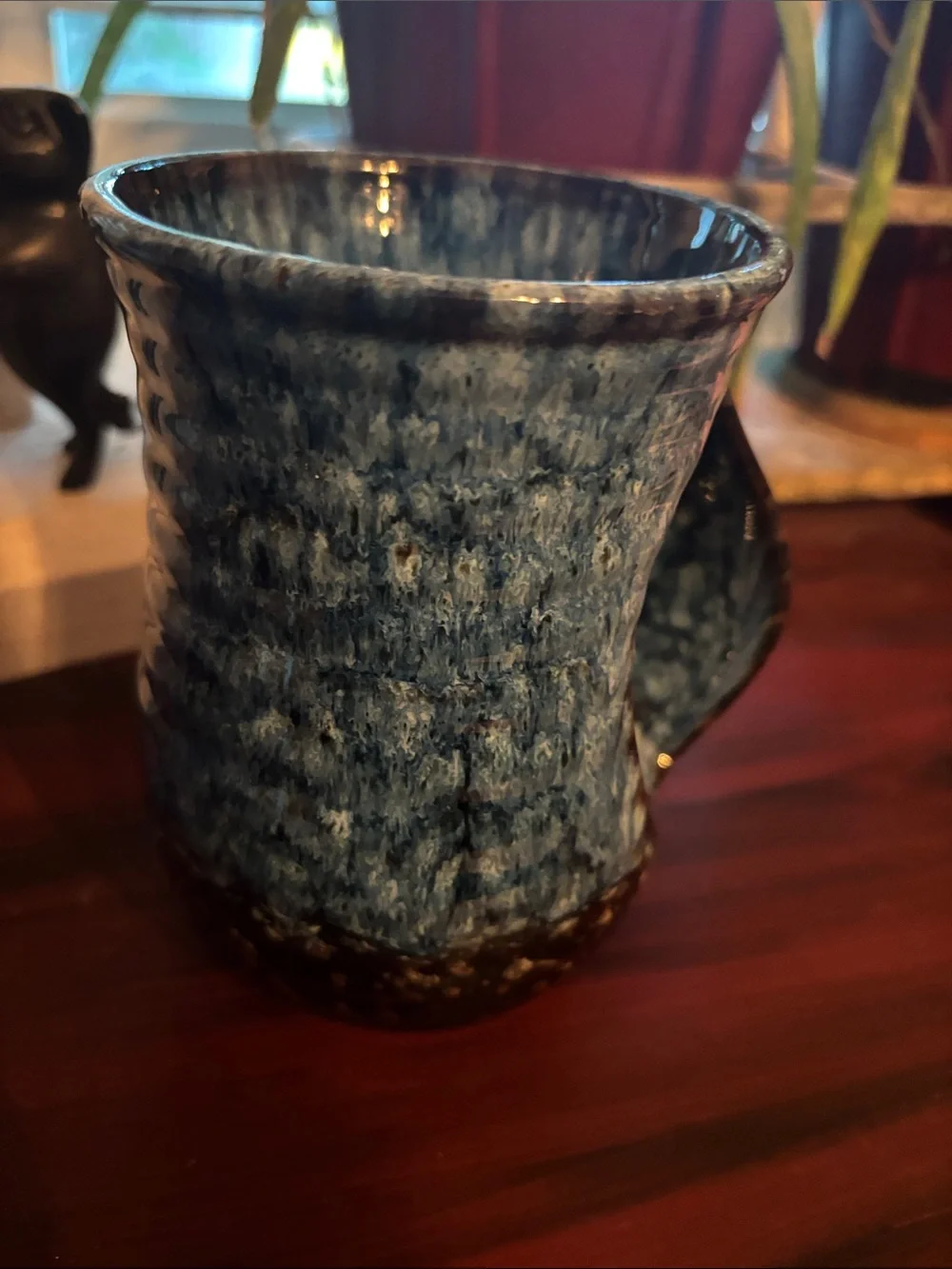 Handcrafted 20 oz Blue Glazed Ceramic Mug with Thumb Rest